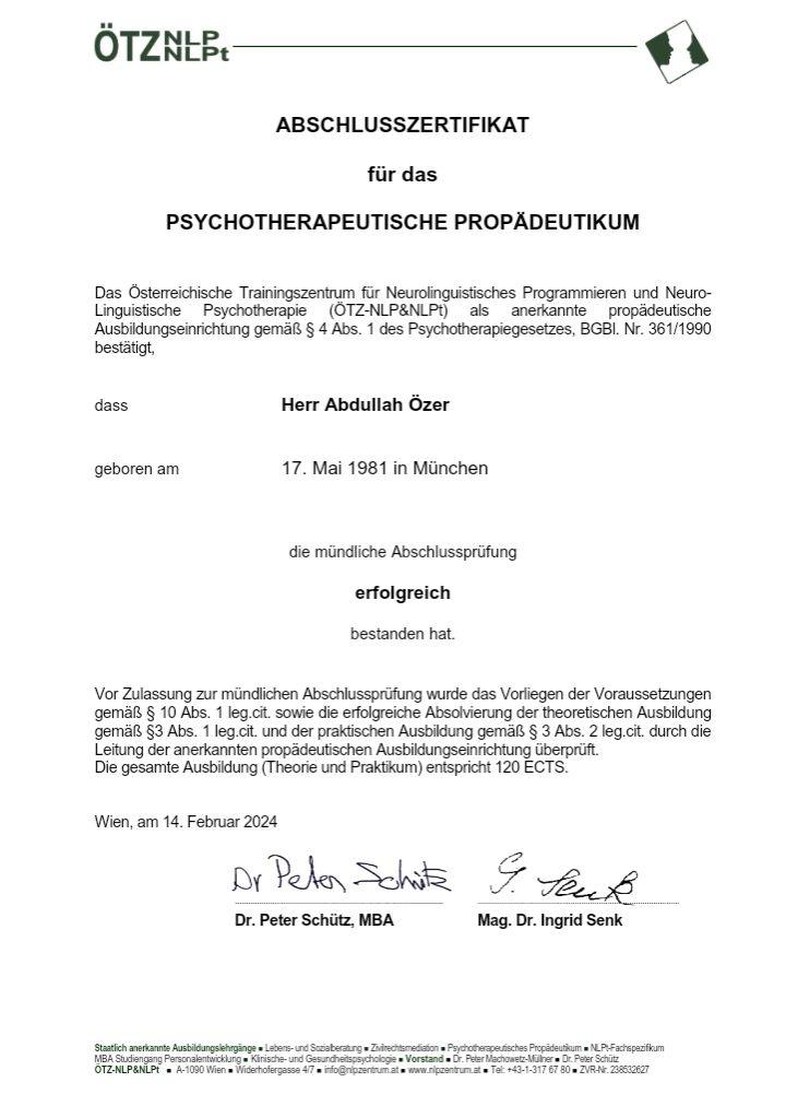 Psychotherapeutisches Propädeutikum — Abschlusszertifikat
