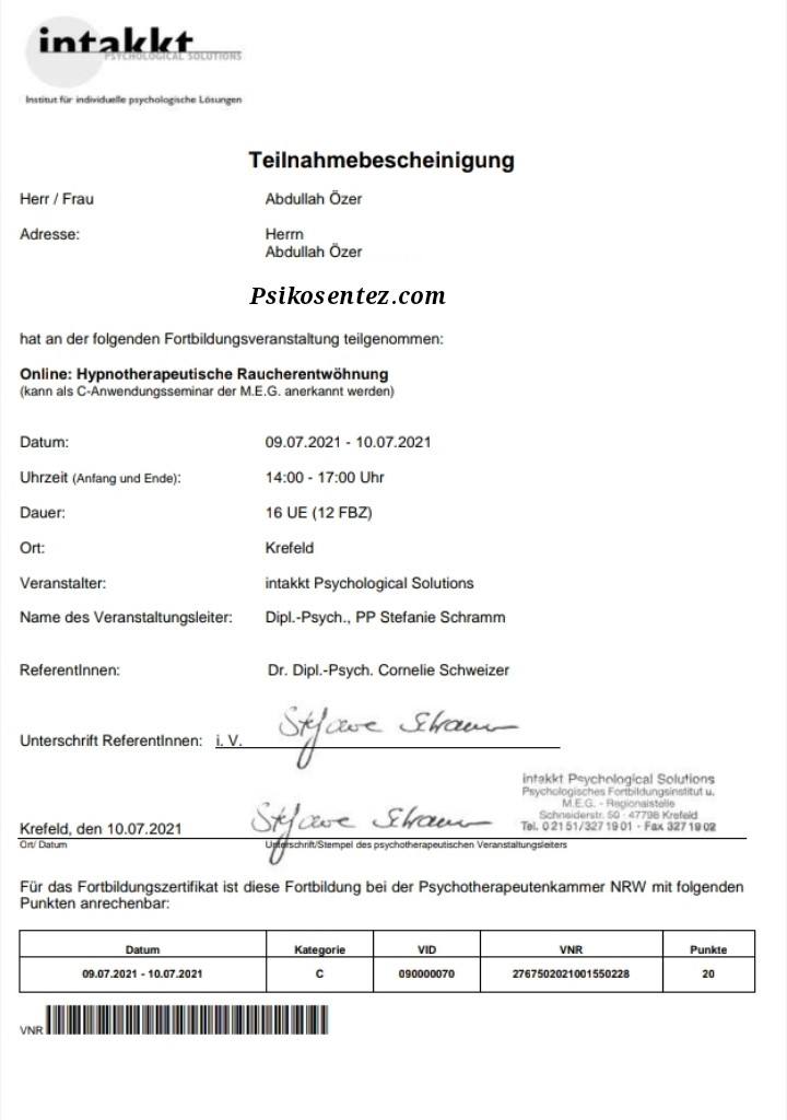 Hipnoterapötik Sigara Bırakma (Hypnotherapeutische Raucherentwöhnung)