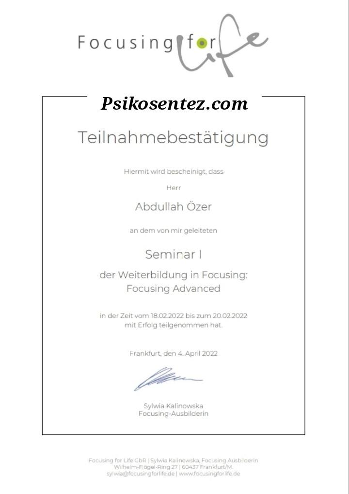 Focusing Advanced — Seminer I Katılım Belgesi