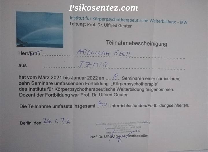 Beden Odaklı Terapi (Körperpsychotherapie) Katılım Belgesi