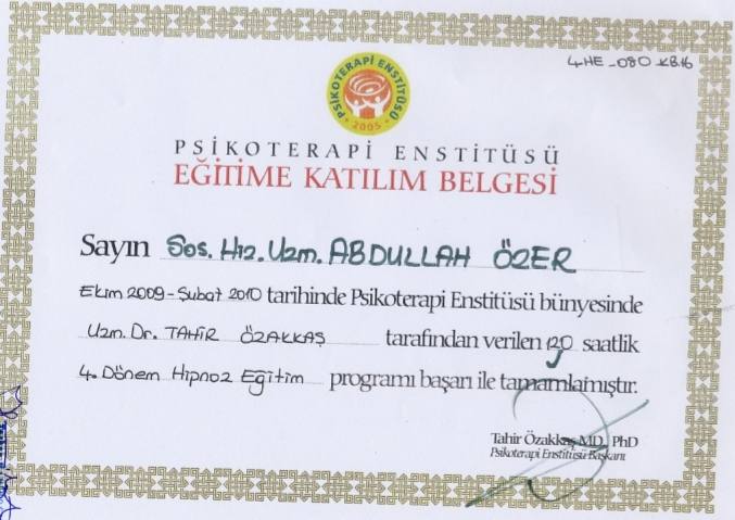 4. Dönem Hipnoz Eğitimi Katılım Belgesi