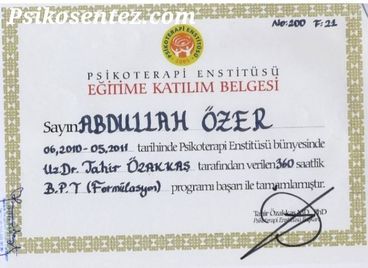 Bütüncül Terapi (Formülasyon) Eğitime Katılım Belgesi