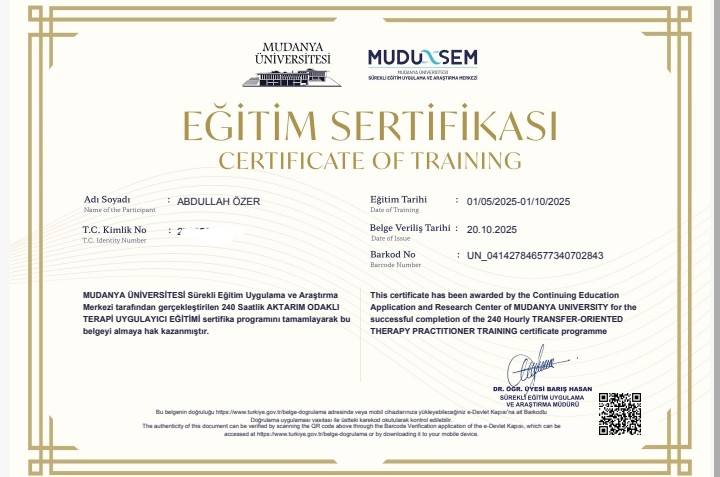 Aktarım Odaklı Terapi Uygulayıcı Eğitimi Sertifikası