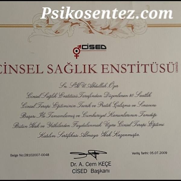 Cinsel Terapi Eğitimi Katılım Sertifikası