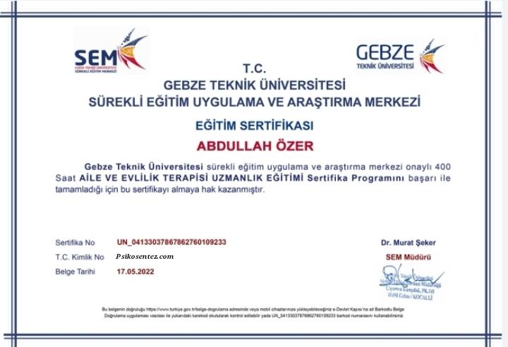 Aile ve Evlilik Terapisi Uzmanlık Eğitimi Sertifikası