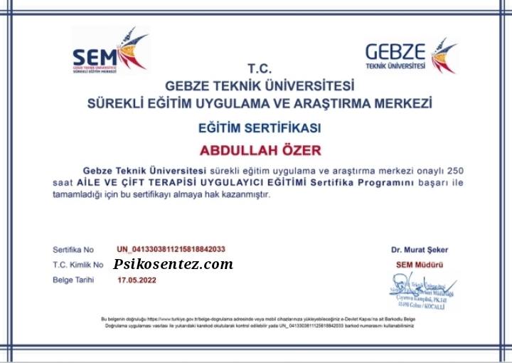 Aile ve Çift Terapisi Uygulayıcı Eğitimi Sertifikası