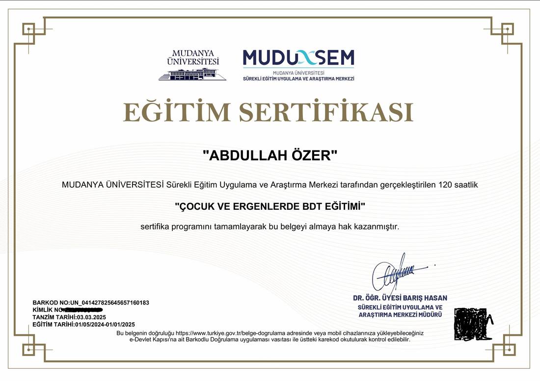 Çocuk ve Ergenlerde BDT Eğitimi Sertifikası