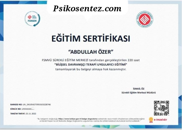 Bilişsel Davranışçı Terapi Uygulayıcı Eğitimi Sertifikası