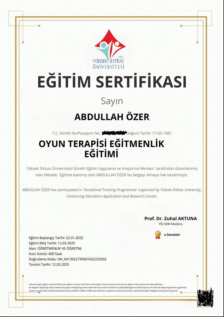 Oyun Terapisi Eğitmenlik Eğitimi Sertifikası