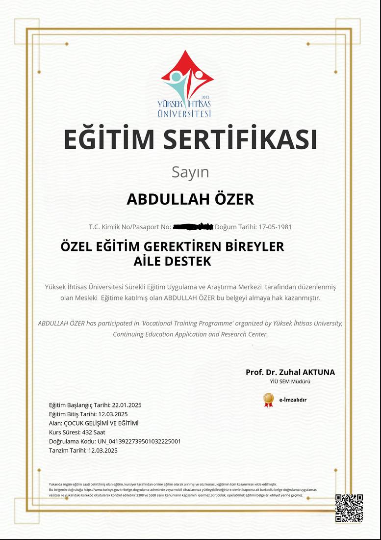 Özel Eğitim Gerektiren Bireyler Aile Destek Eğitimi Sertifikası