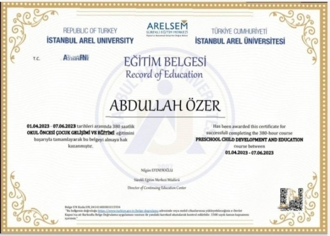 Okul Öncesi Çocuk Gelişimi ve Eğitimi — Eğitim Belgesi